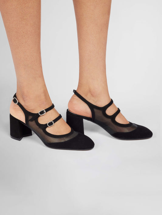 Bananight - Black suede leather and mesh slingback Mary Janes - Image number 2