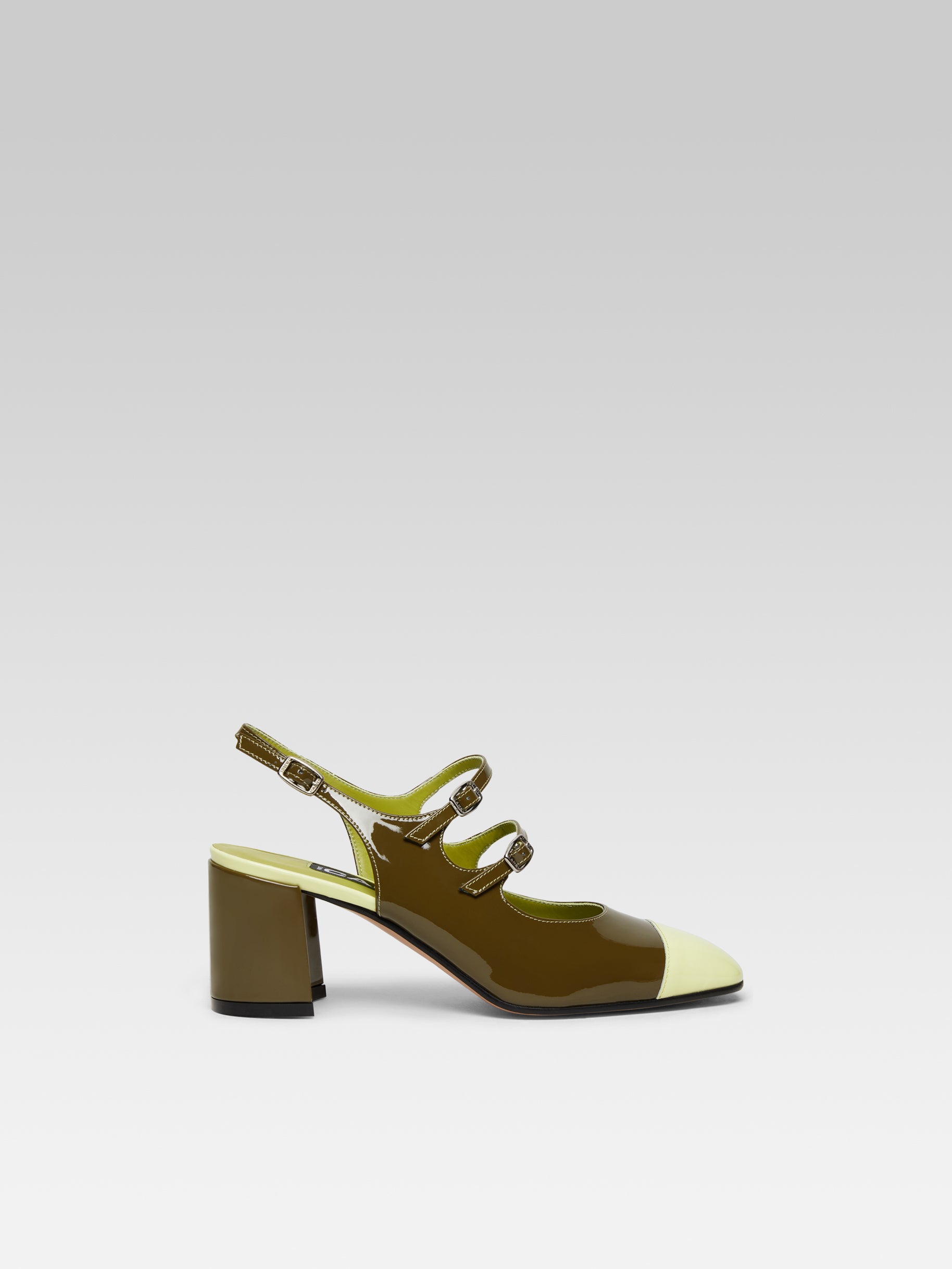 Papaya - Khaki and lemon patent leather slingback Mary Janes