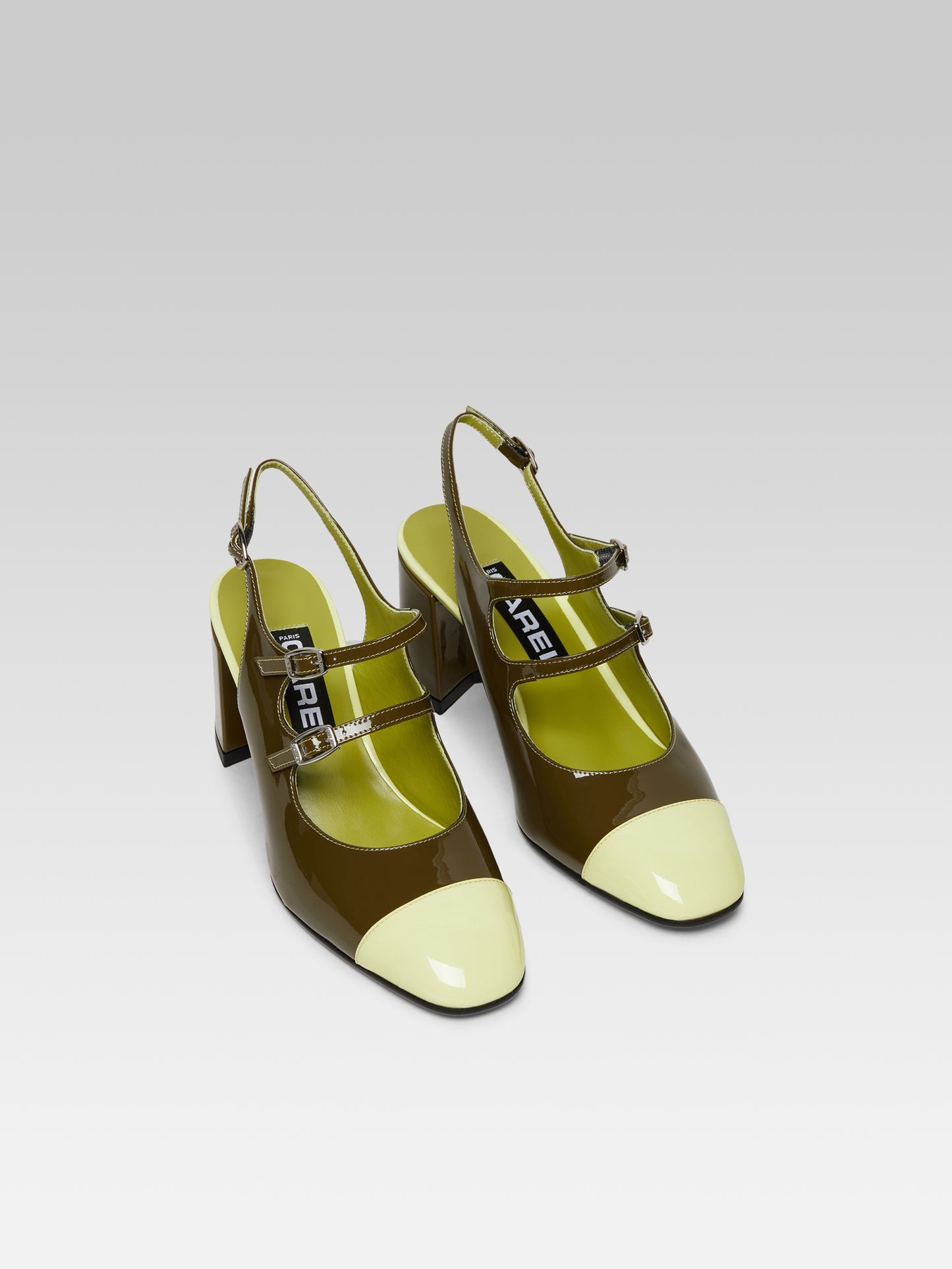 Papaya - Khaki and lemon patent leather slingback Mary Janes