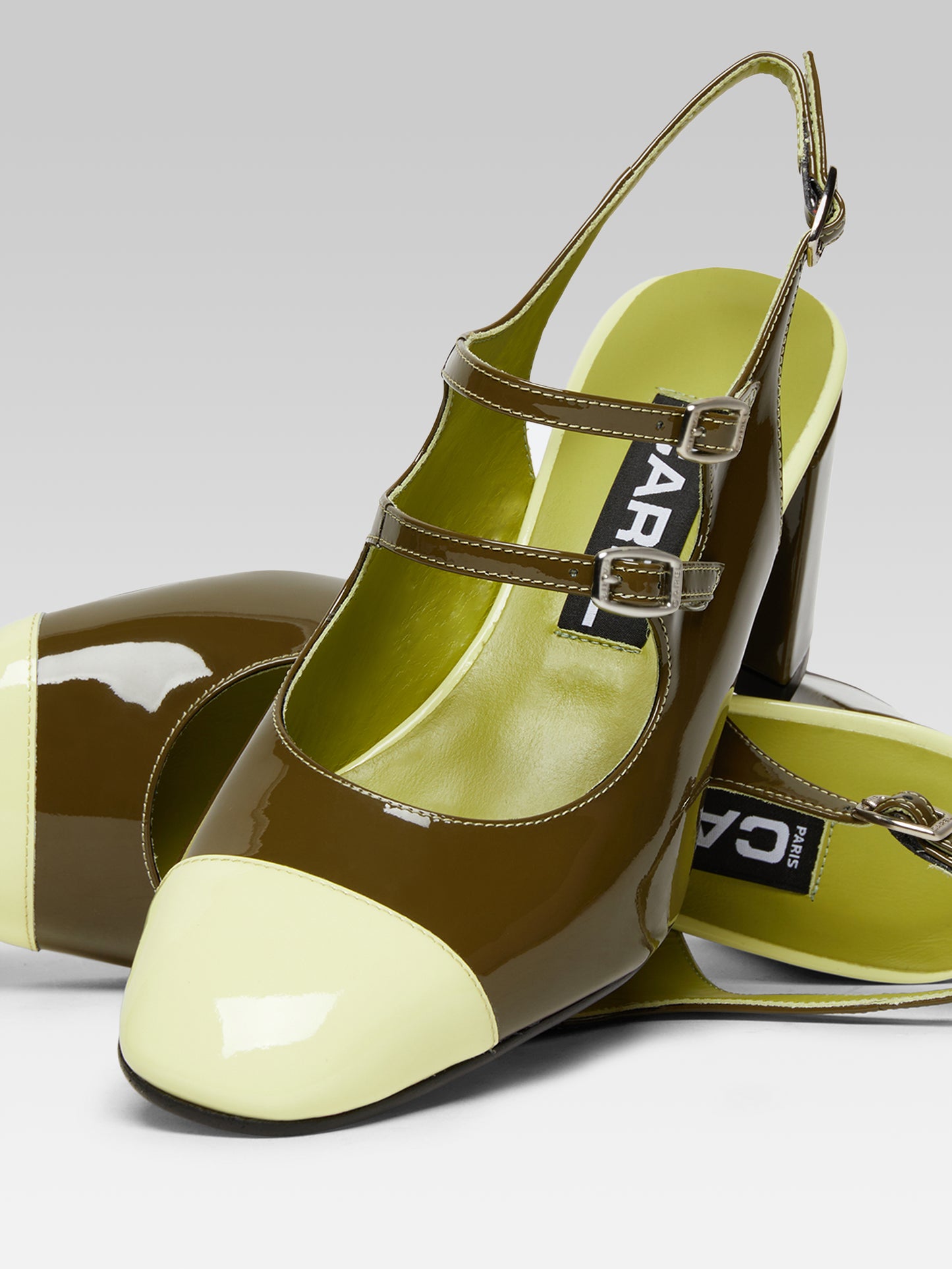 Papaya - Khaki and lemon patent leather slingback Mary Janes