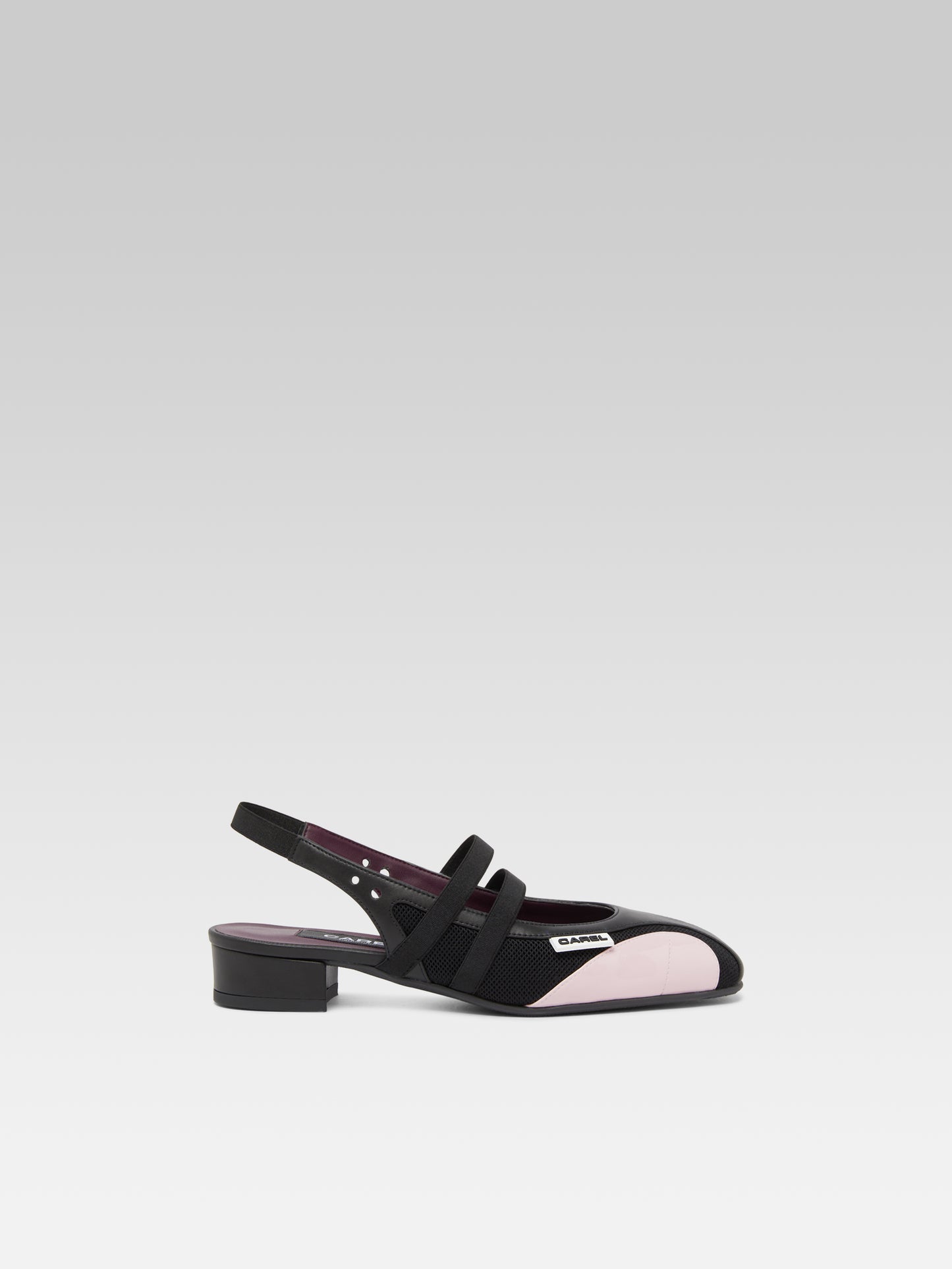 Peachy - Pink eco-leather and black mesh slingback Mary Janes