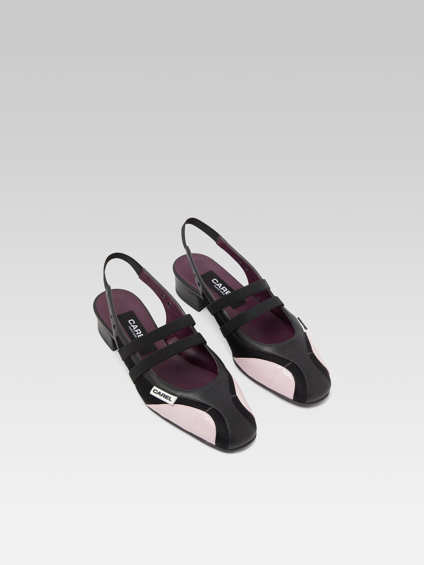 Peachy - Pink eco-leather and black mesh slingback Mary Janes