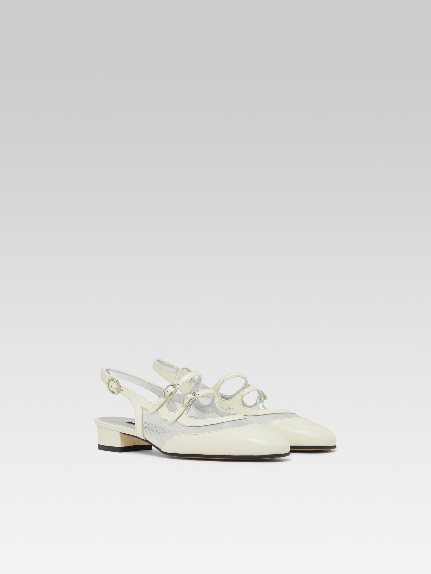 Peche night - Ivory mesh leather slingback Mary Janes and strass buckles