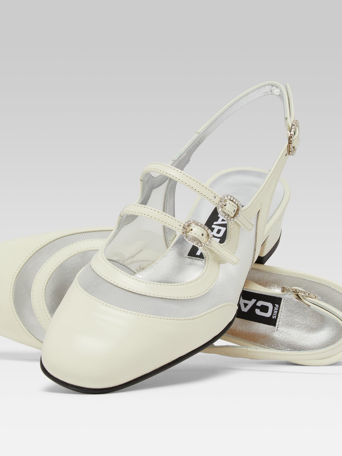 Peche night - Ivory mesh leather slingback Mary Janes and strass buckles