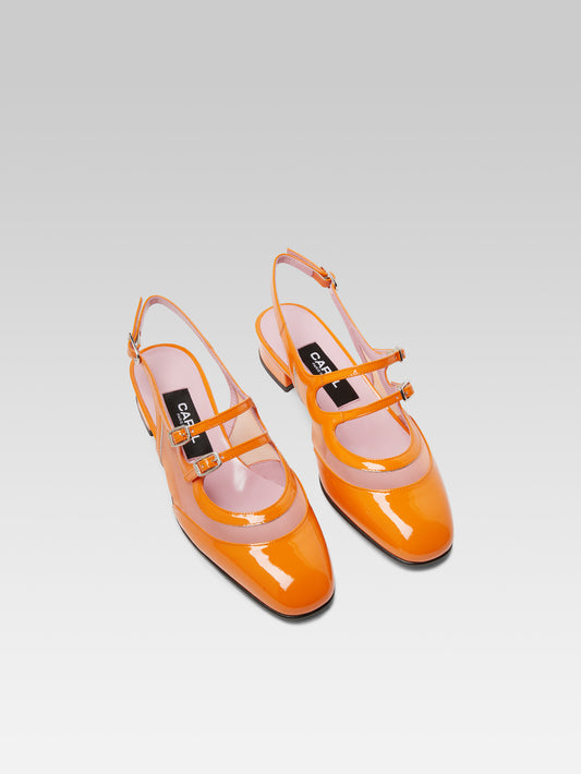 Peche night - Orange patent leather and mesh slingback Mary Janes