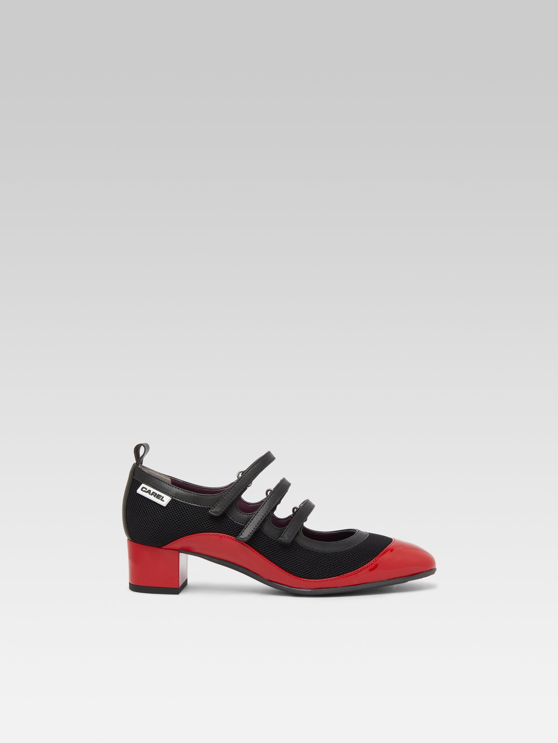 Sportina - Red eco-patent and black eco-leather mesh Mary Janes pumps