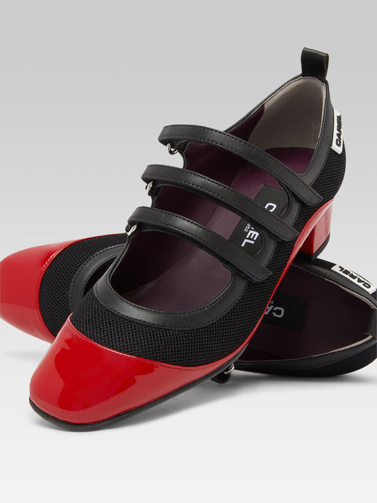 Sportina - Red eco-patent and black eco-leather mesh Mary Janes pumps - Image number 4