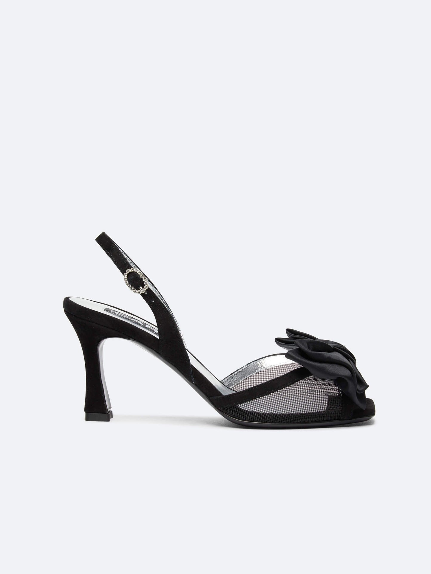 Duchesse - Black suede leather sandals, mesh and satin bow