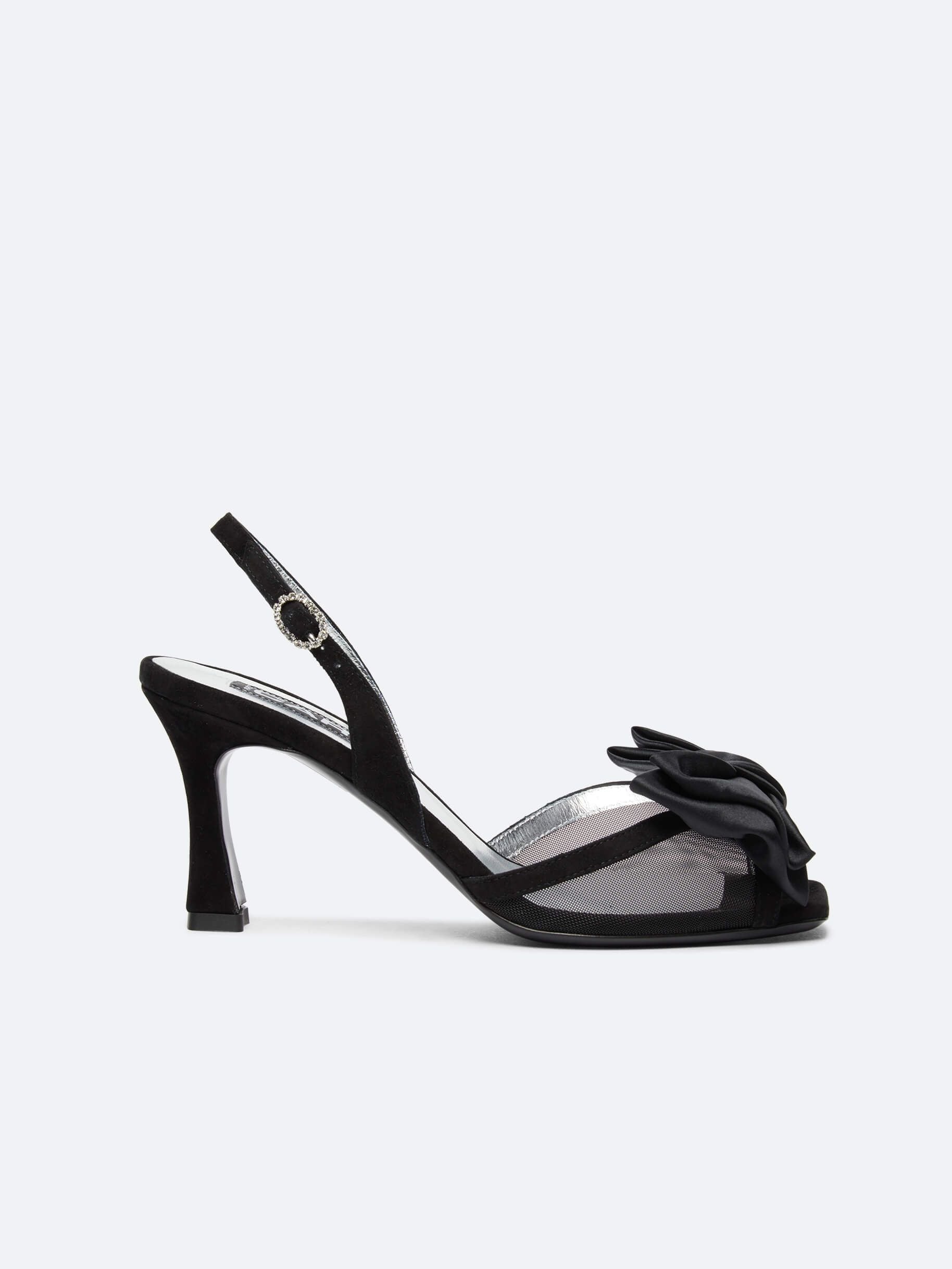 Duchesse - Black suede leather sandals, mesh and satin bow - Image number 1