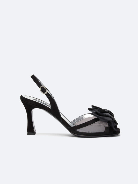 Duchesse - Sandales cuir velours noir, résille et noeud en satin