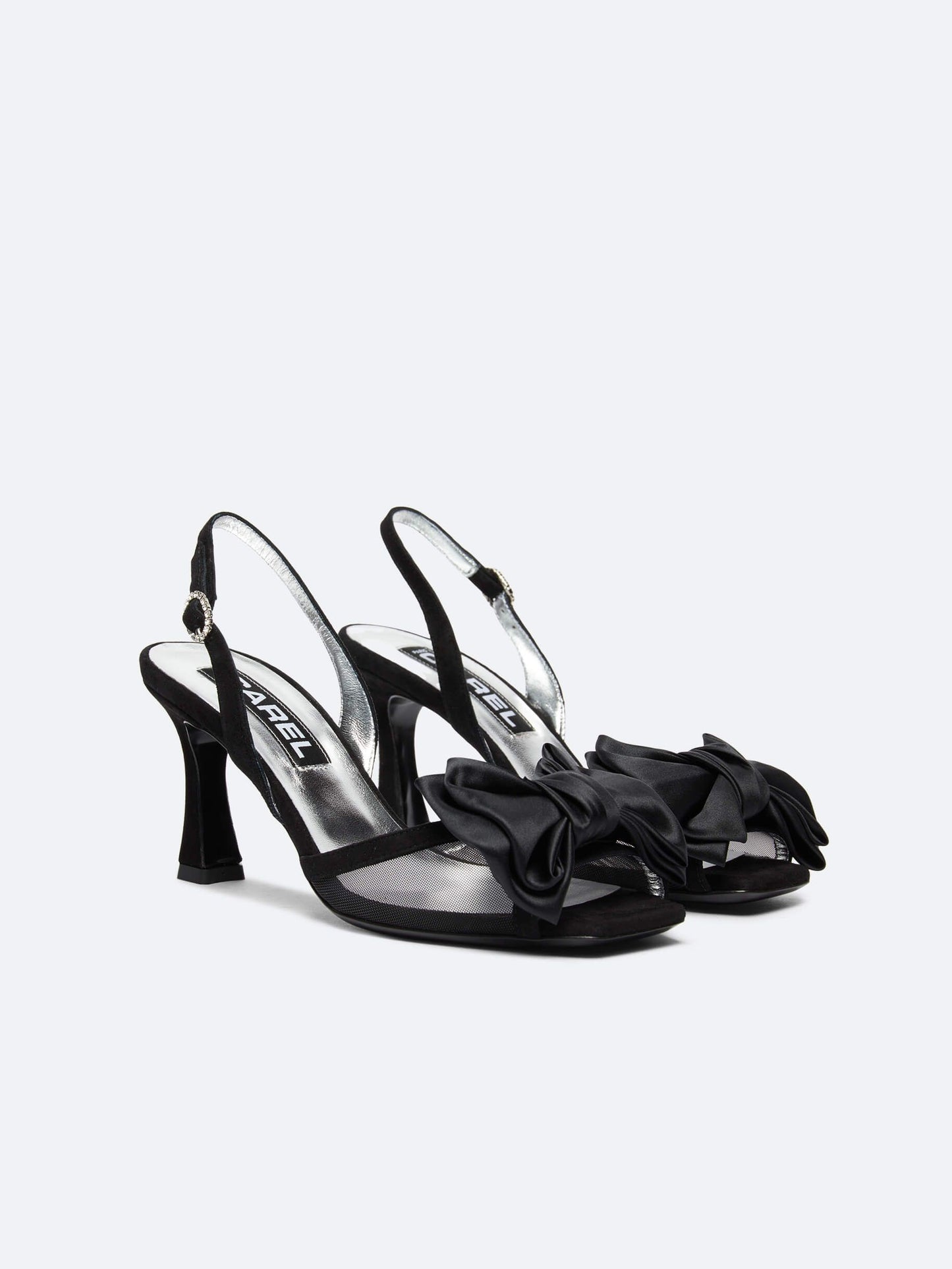 Duchesse - Black suede leather sandals, mesh and satin bow