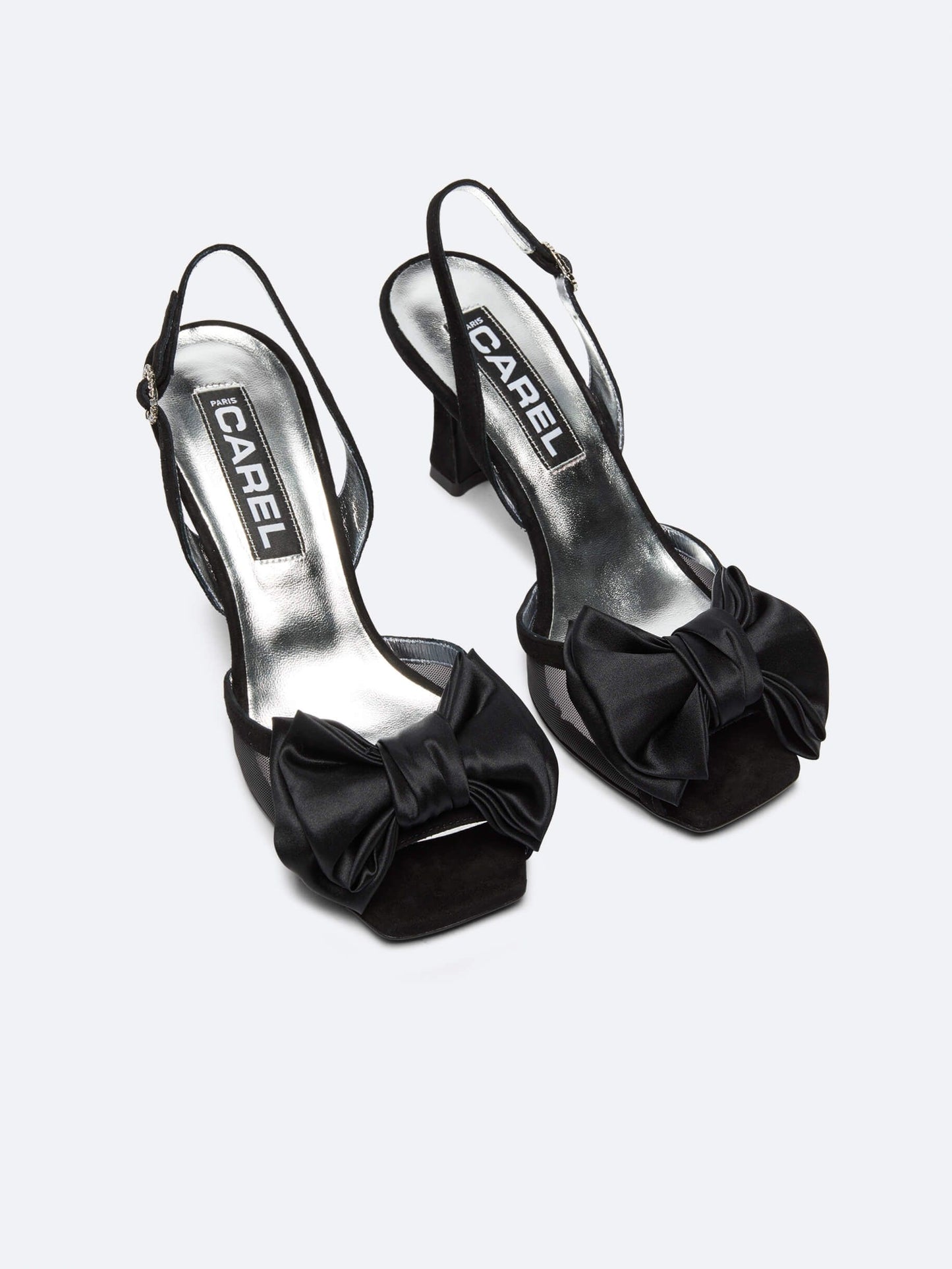 Duchesse - Black suede leather sandals, mesh and satin bow