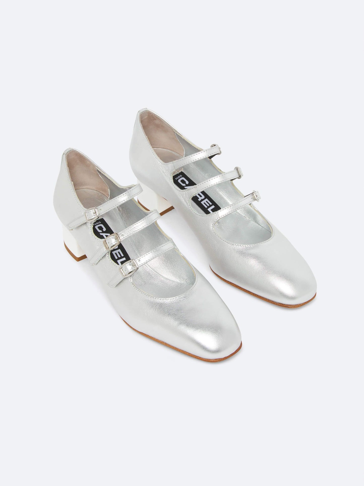 Kina - Escarpins babies cuir argent et talon verni blanc